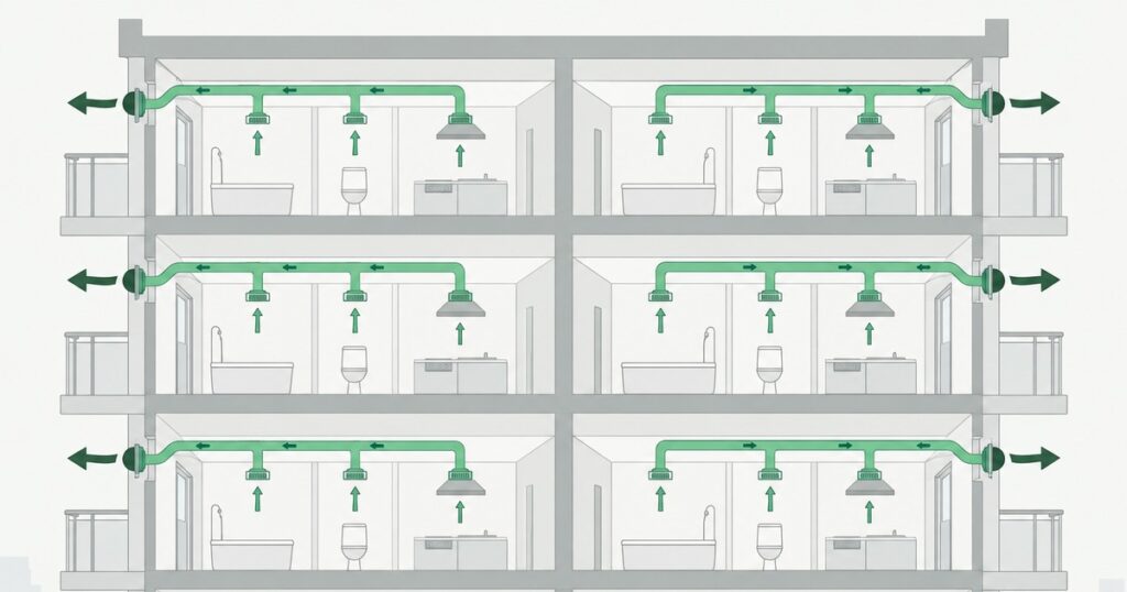 マンションの断面図。各住戸の浴室・トイレ・キッチンの換気扇から出たダクトが、それぞれ独立してベランダ側の外壁の排気口へつながっている様子