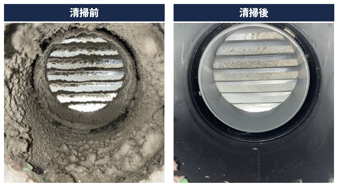 壁の中のダクト内部。清掃前はホコリの層で埋まり、清掃後は黒い内壁と屋外フードが見えている